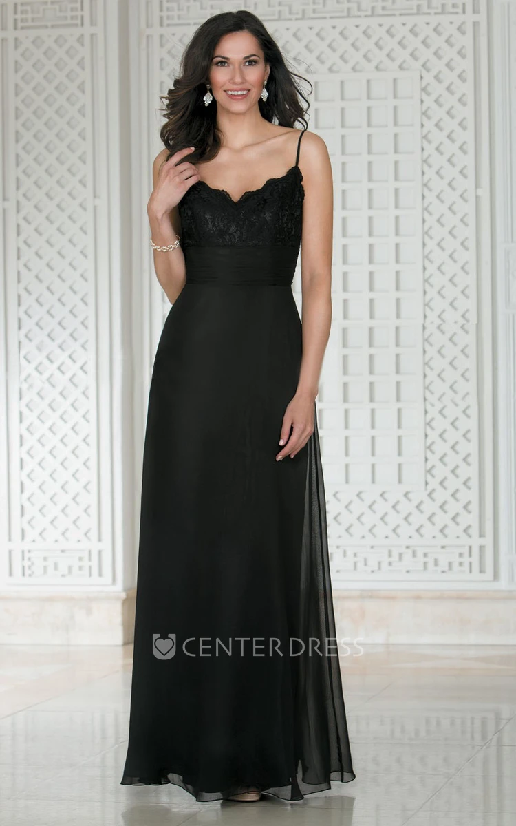 Sleeveless Long Bridesmaid Dress With Spaghetti Straps And Lace Detail