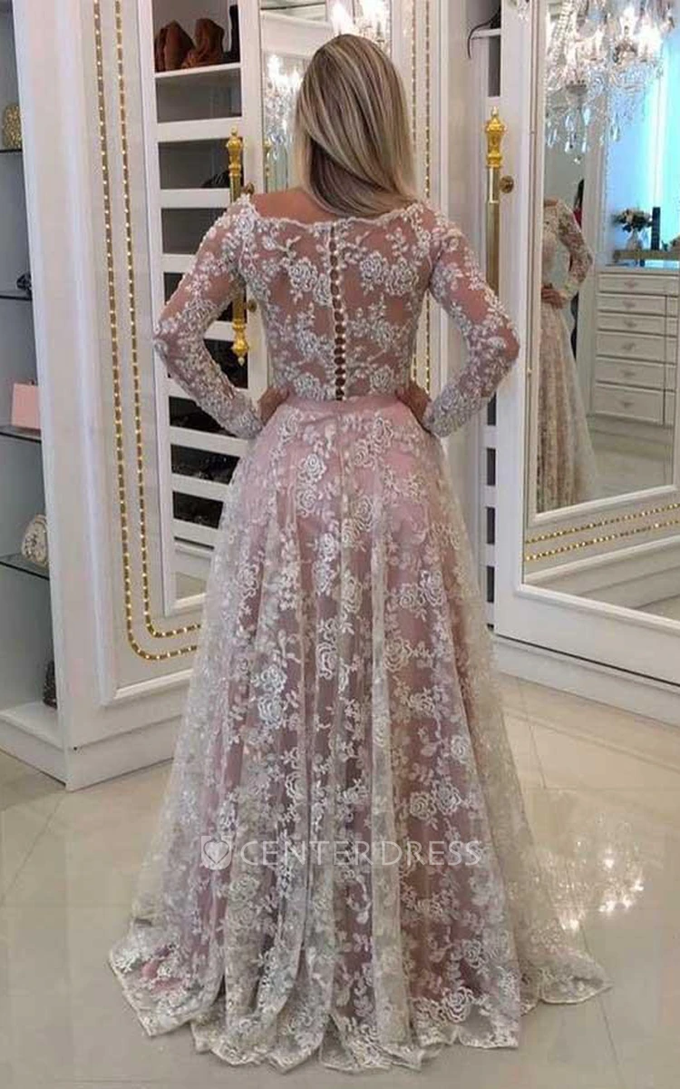 Illusion Long Sleeve Floor-length A-Line Off-the-shoulder Lace Dress