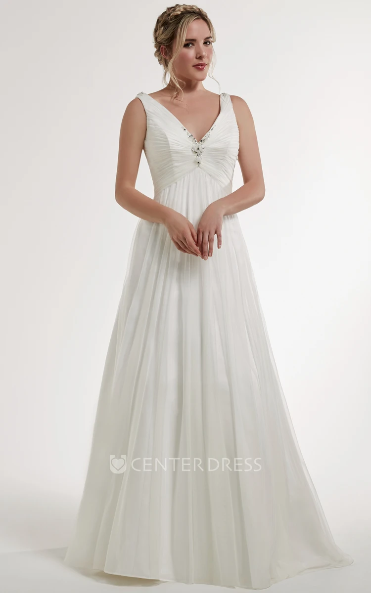A-Line Long Sleeveless Beaded V-Neck Wedding Dress With Low-V Back And Ruching