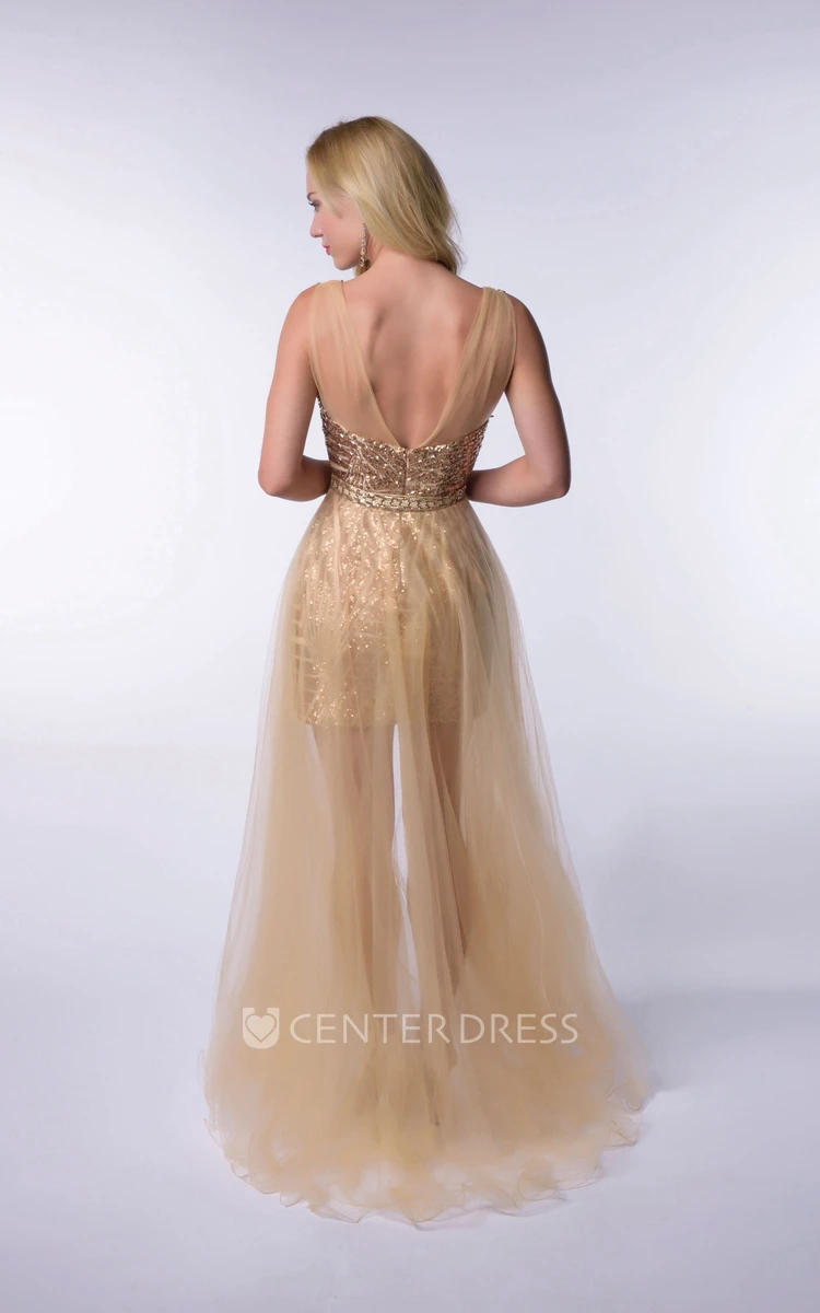 High-Low V-Neck Sleeveless Sequined Sheath Homecoming Dress With Tulle Overlay