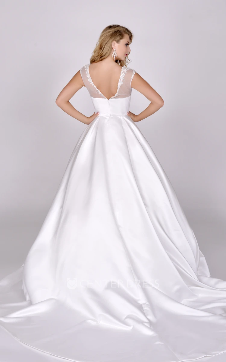 Satin Cap Sleeve A-Line Wedding Dress With Low-V Back And Pockets