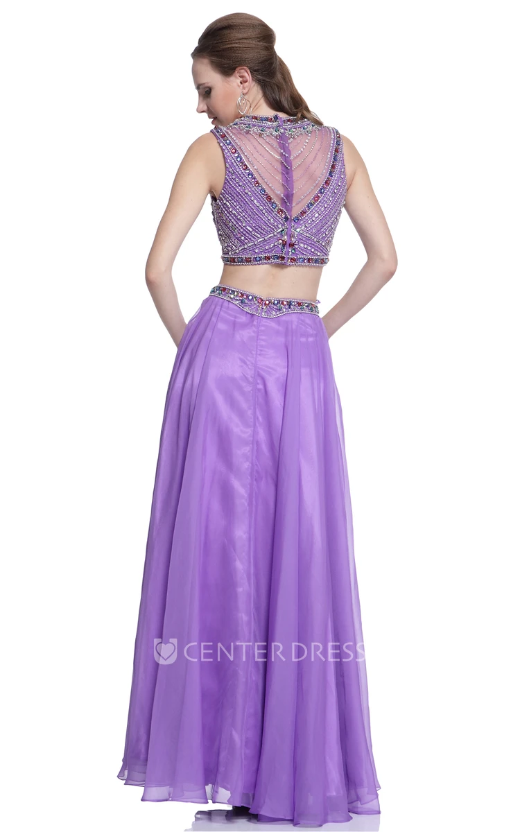 Two-Piece A-Line Maxi Scoop-Neck Sleeveless Illusion Dress With Beading