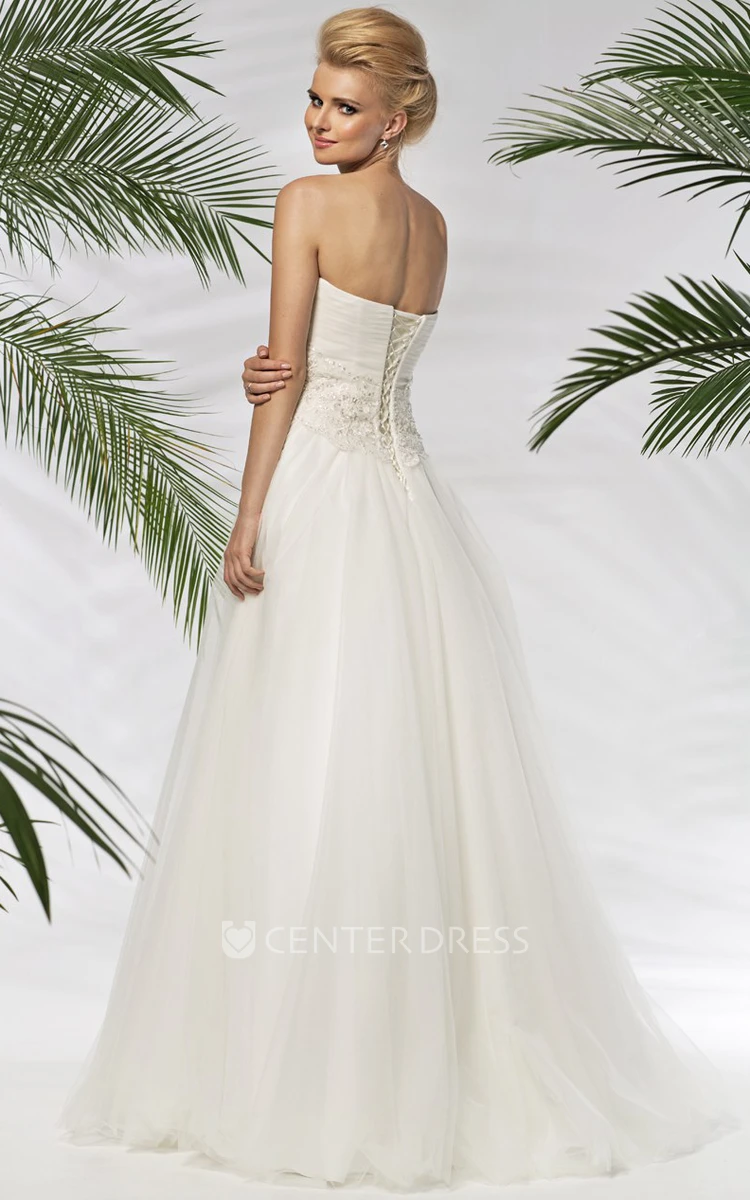 A-Line Sleeveless Sweetheart Floor-Length Criss-Cross Tulle Wedding Dress With Beading