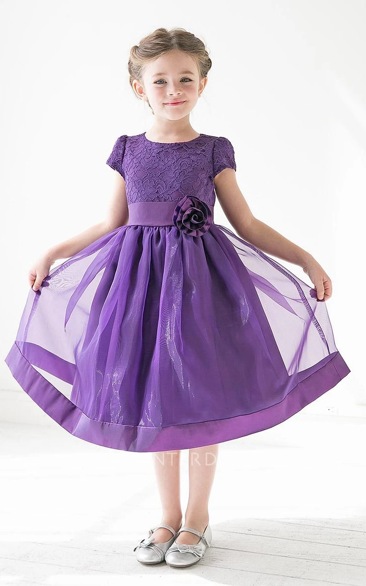 Tea-Length Floral Tiered Lace&Organza Flower Girl Dress With Sash