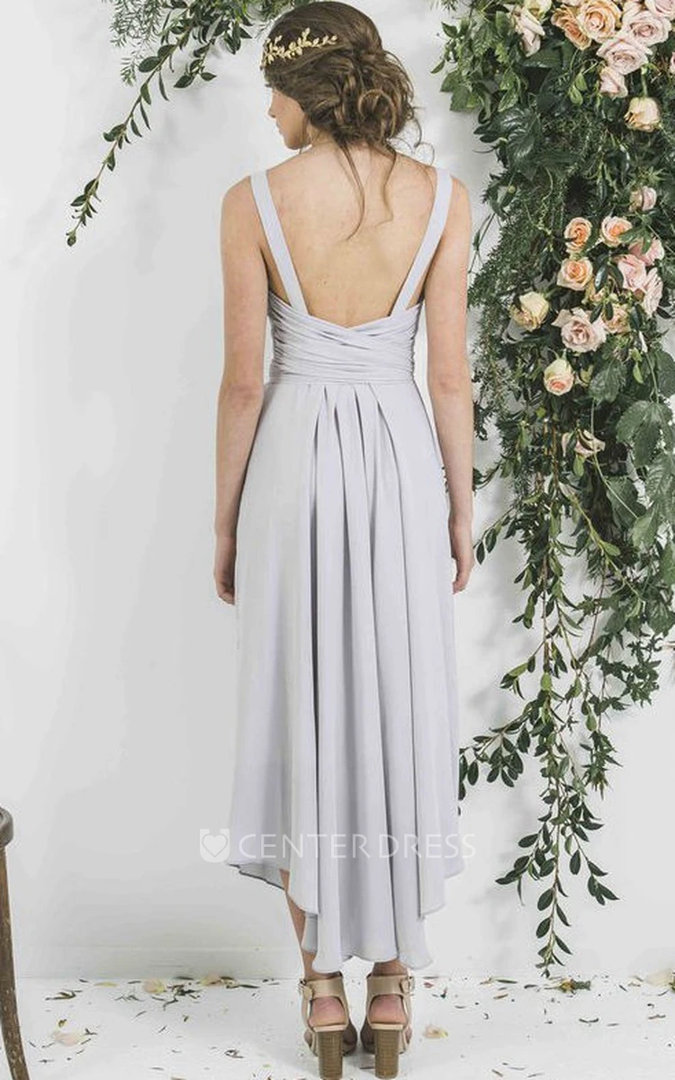 Ankle-Length Sleeveless Draped V-Neck Chiffon Bridesmaid Dress