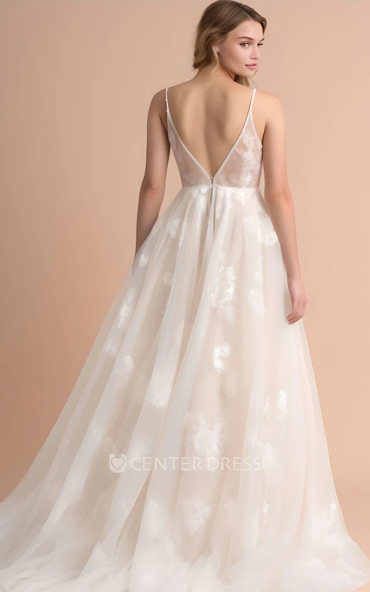 Romantic A-Line Tulle Sleeveless Wedding Dress with V-neck Elegant Country Garden Style