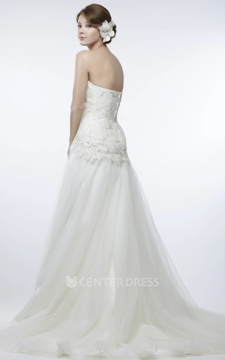 A-Line Sweetheart Beaded Sleeveless Tulle Wedding Dress With Brush Train