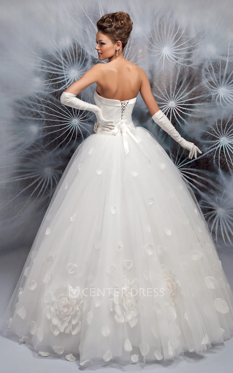 Strapless Long Floral Ruched Tulle Wedding Dress With Bow And Corset Back