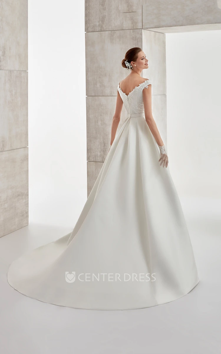 Sweetheart A-line Satin Wedding Dress with Lace Bodice and Brush Train