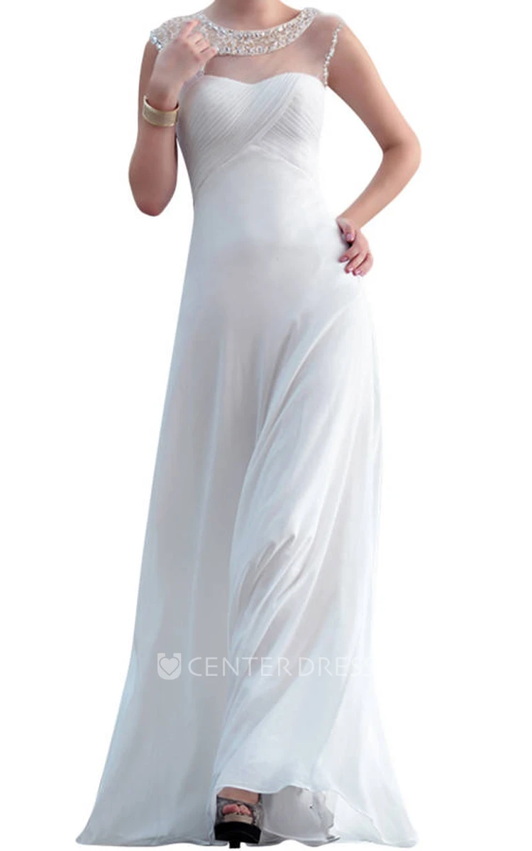 Sheath Floor-Length Criss-Cross Scoop Cap-Sleeve Chiffon Wedding Dress With Keyhole Back And Beading
