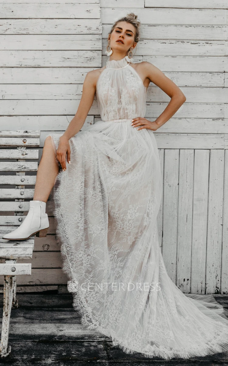 Bohemian A-Line Tulle Wedding Dress With Halter Neckline And Illusion Back 
