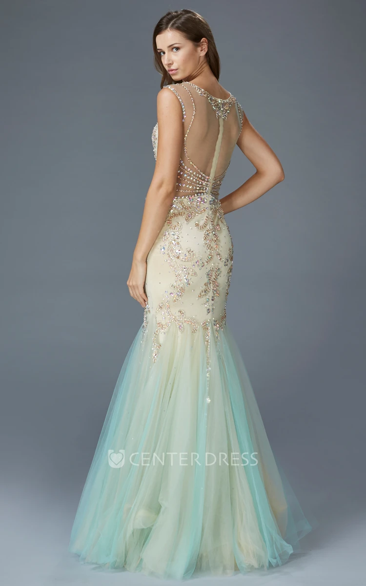 Mermaid Long Scoop-Neck Sleeveless Tulle Illusion Dress With Beading And Pleats