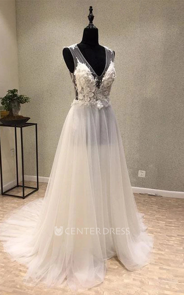 Enchanting V-neck Sleeveless Brush Train Tulle Wedding Dress with Appliques