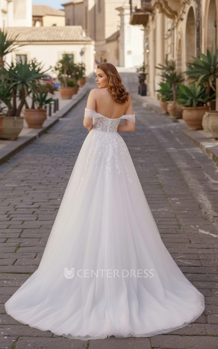 Romantic A-Line Off Shoulder Spring Wedding Dress with Plunging Neckline Elegant Lace Tulle Court Train