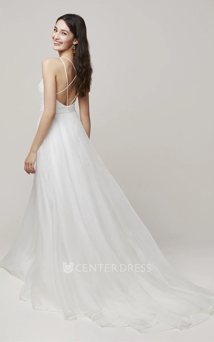 Modern A Line Bateau Neck Lace Bridal Gown with Open Back