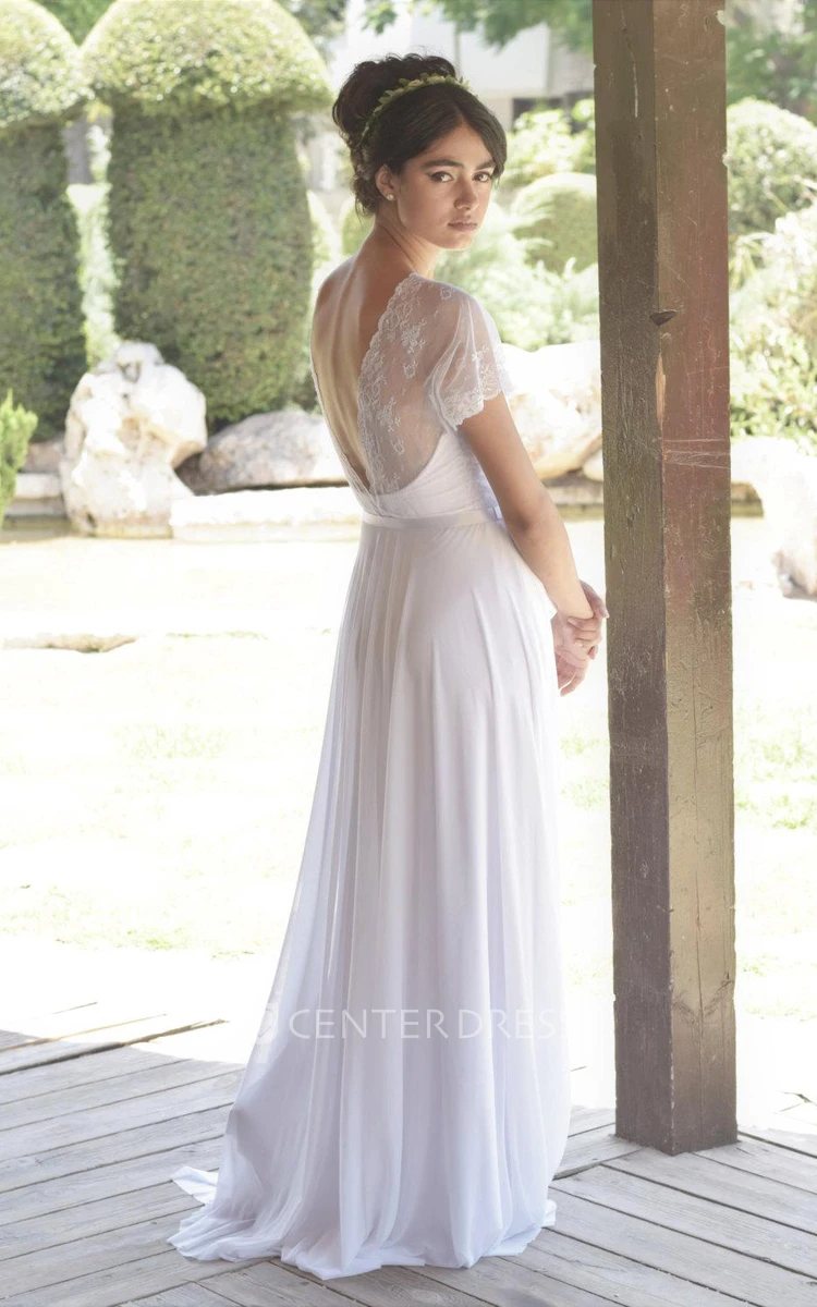 Short Sleeve Lace Chiffon Pleated Wedding Dress With Deep-V Back