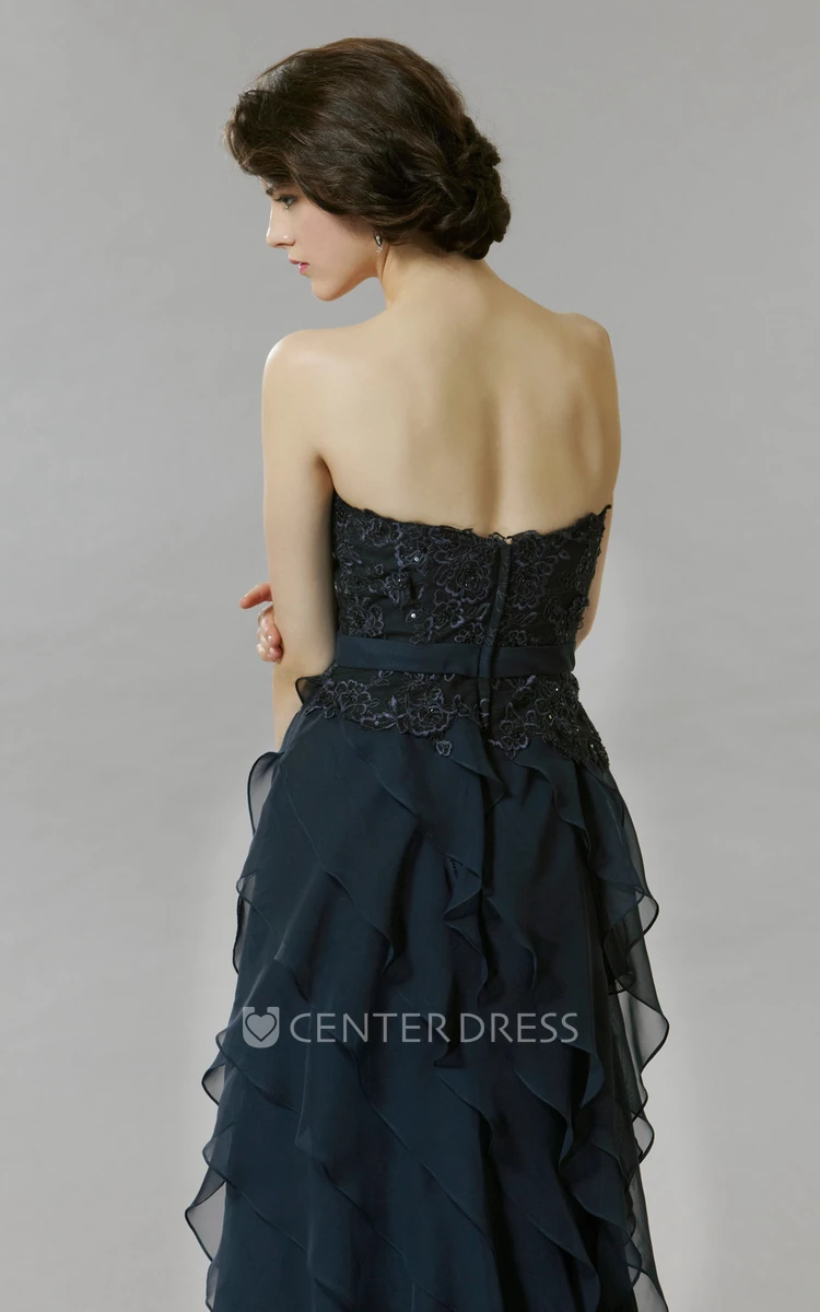 A-Line Strapless Floor-Length Sleeveless Lace Chiffon Prom Dress With Backless Style And Tiers