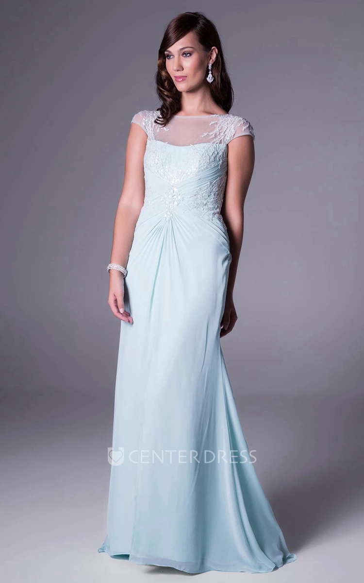Long Bateau-Neck Cap-Sleeve Ruched Chiffon Bridesmaid Dress With Appliques And Illusion
