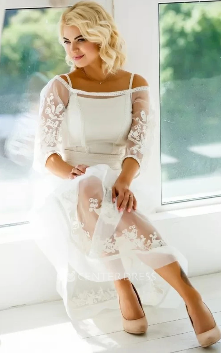 Ethereal Off-the-shoulder A Line Tulle 3/4 Length Sleeve Tea-length Wedding Dress with Appliques