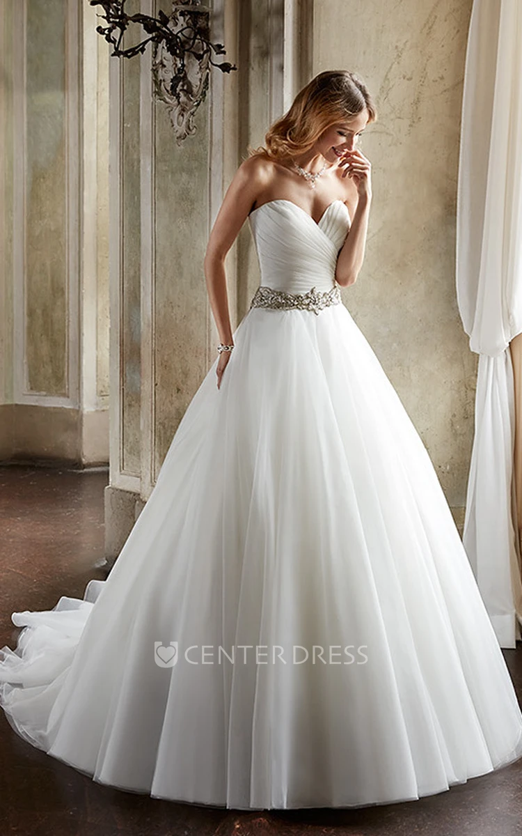 Ball Gown Jeweled Floor-Length Sweetheart Tulle Wedding Dress With Criss Cross And Court Train