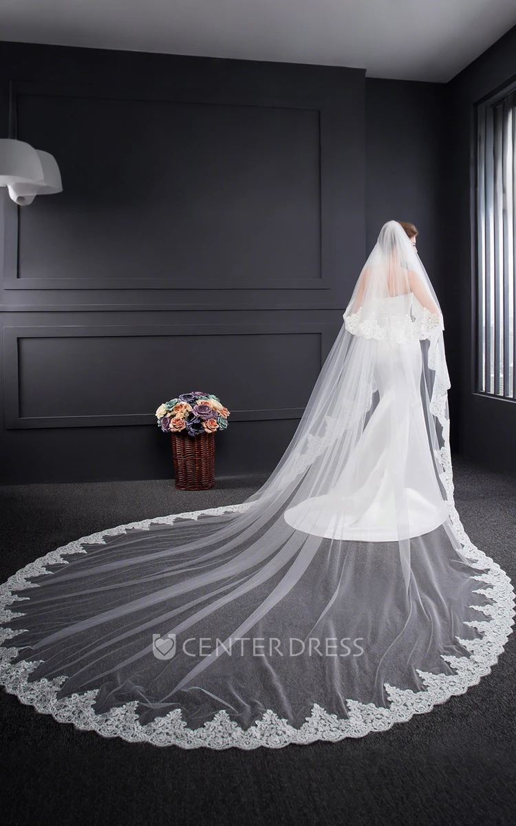 Floral Bohemian Two-Tier Lace Edge Long Cathedral Length WeddingVeils with Comb