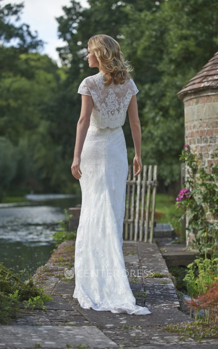 Floor-Length Square Cap-Sleeve Appliqued Lace Wedding Dress