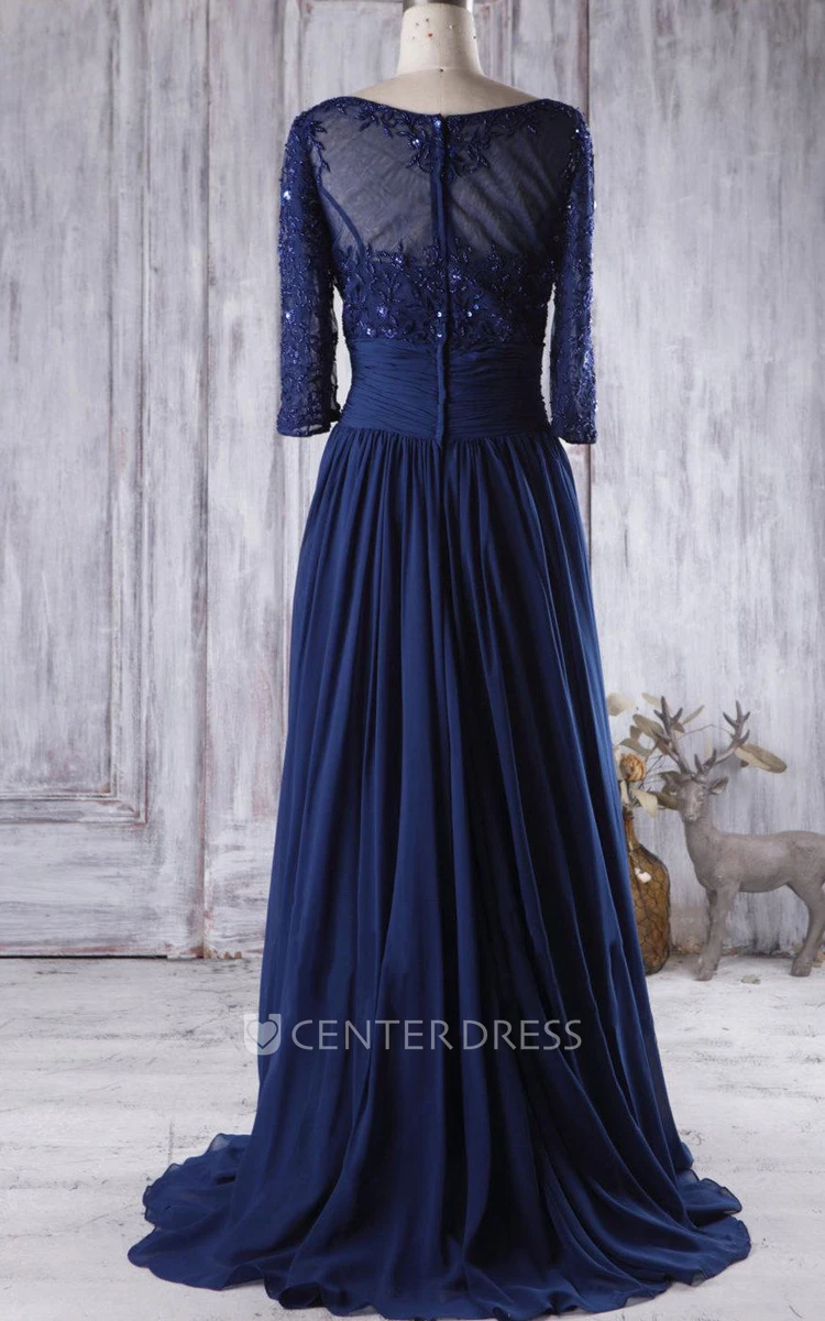 Floor-length Sweetheart Long Sleeve Chiffon&Tulle&Lace Dress With Beading&Illusion