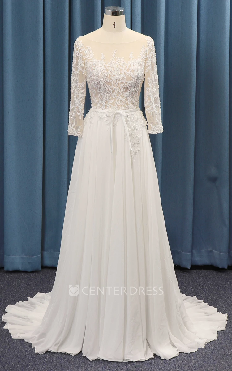 A-line 3/4 Sleeve Lace Top And Chiffon Ruching With Sash Adorable Wedding Dress