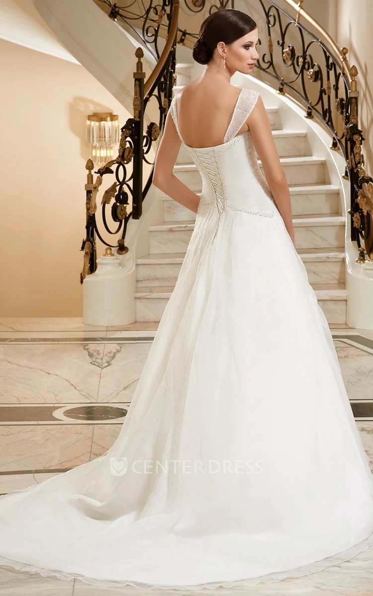 A-Line Sleeveless Beaded Long Tulle&Satin Wedding Dress With Draping