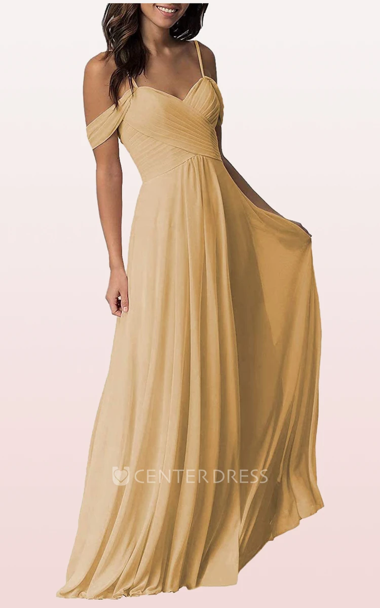 Chiffon Floor-length Off-the-shoulder A Line Sleeveless Bridesmaid Dress With Ruching
