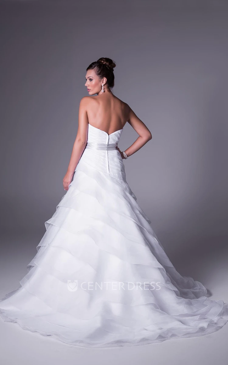 A-Line Floor-Length Strapless Sleeveless Tiered Organza Wedding Dress With Ruching And Broach