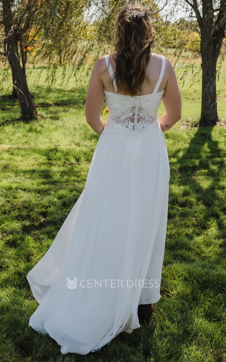 A-Line Straps Lace Casual Country Wedding Dress With Keyhole Back And Appliques