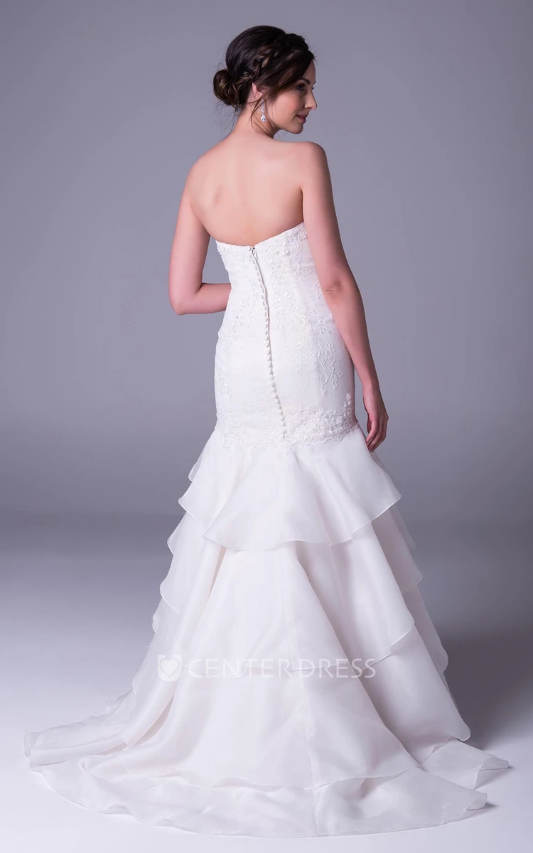 Trumpet Strapless Appliqued Floor-Length Organza Wedding Dress With Tiers And V Back