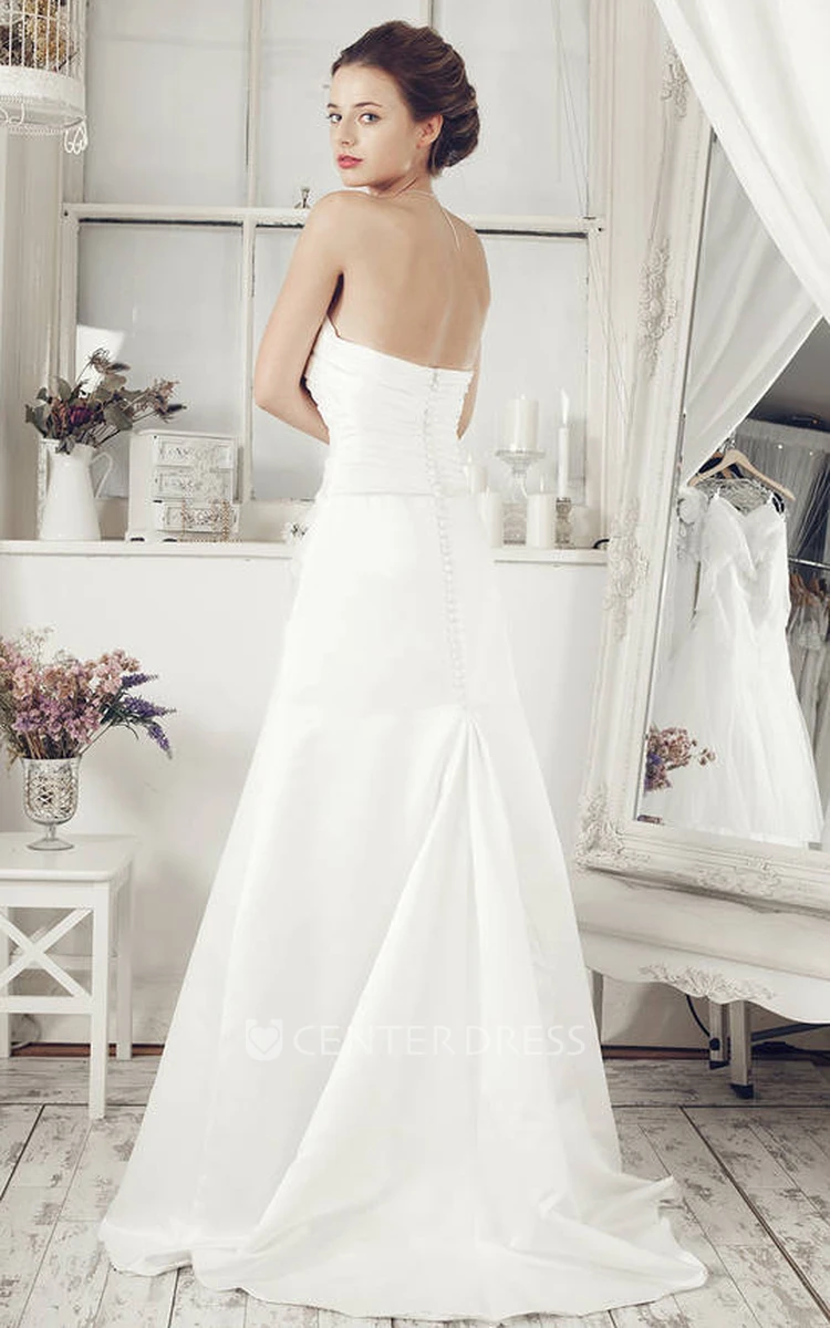 A-Line Floor-Length Sleeveless Sweetheart Criss-Cross Satin Wedding Dress With Backless Style And Sweep Train