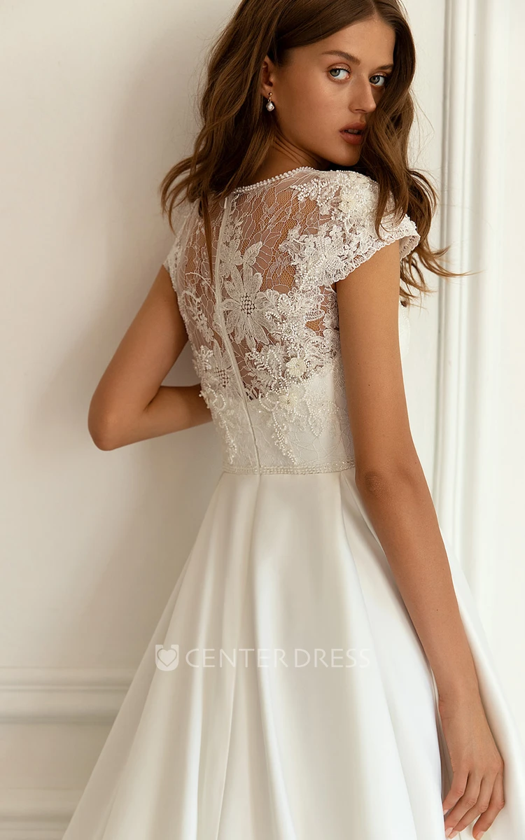 Modern Lace A Line Floor-length Short Sleeve Jewel Wedding Dress with Appliques