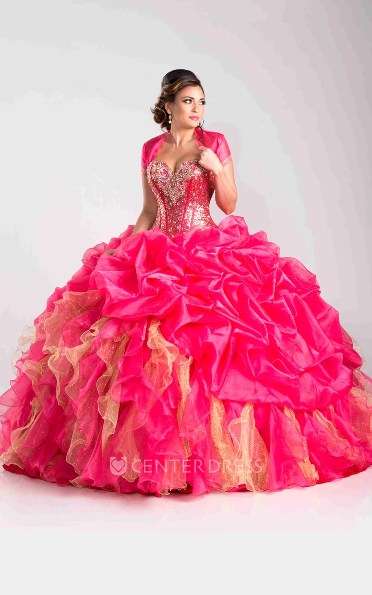 Sequined Corset Ball Gown With Pick-Ups And Cape