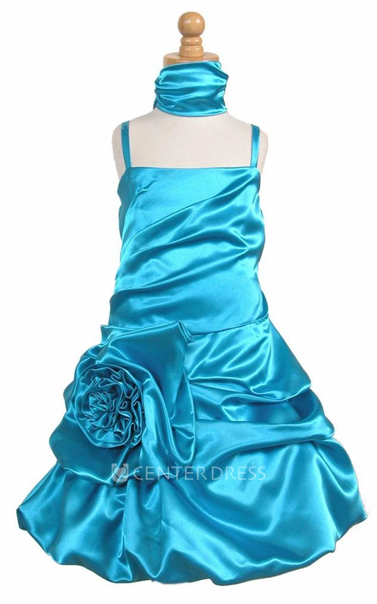 Cape Midi Ruched Floral Satin Flower Girl Dress With Sash