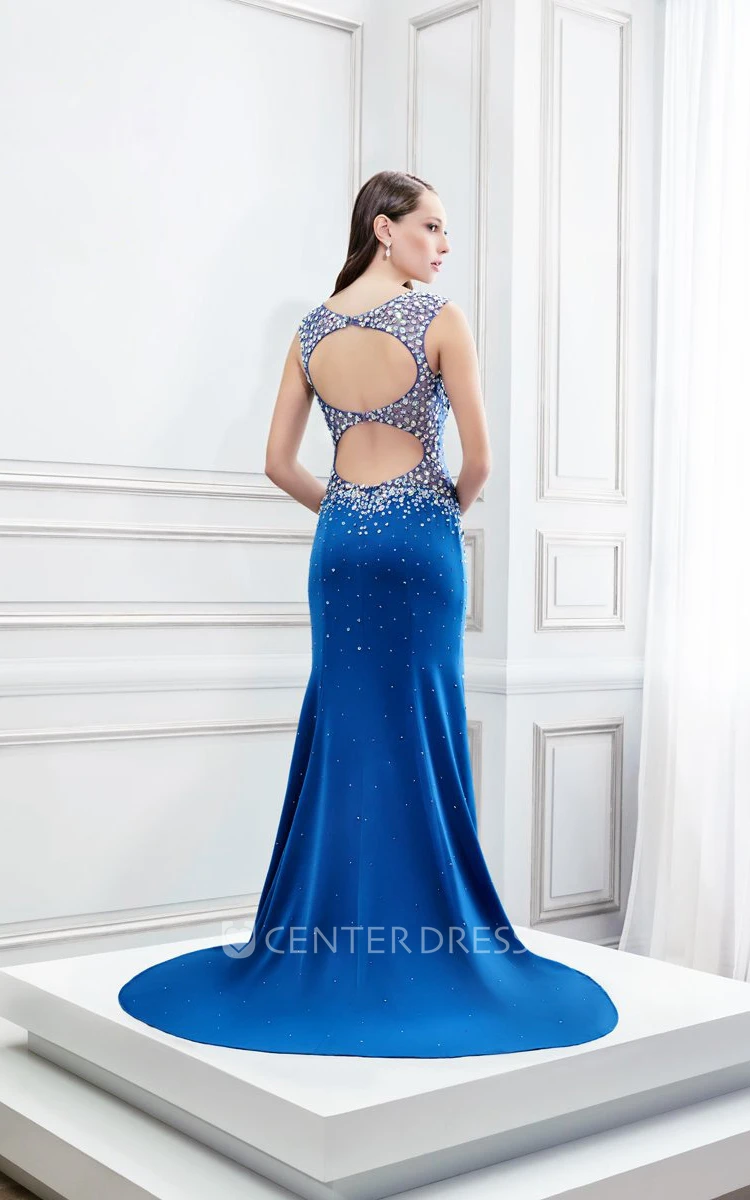 Sleeveless Beaded Strapped Jersey Prom Dress With Split Front And Keyhole