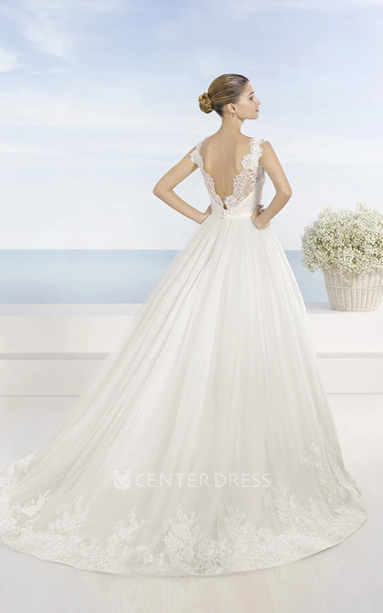 A-Line Ball-Gown Bateau Appliqued Floor-Length Sleeveless Lace Wedding Dress With Waist Jewellery And Low-V Back