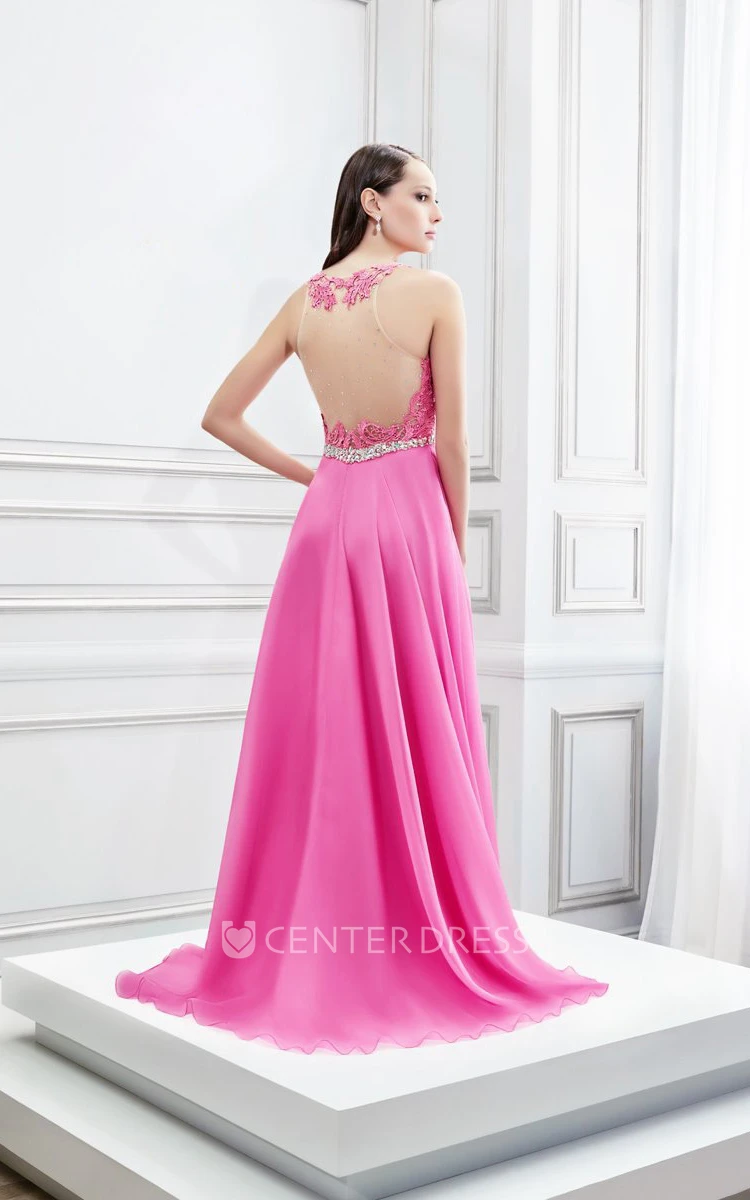 Floor-Length Sleeveless Scoop Neck Appliqued Satin Chiffon Prom Dress