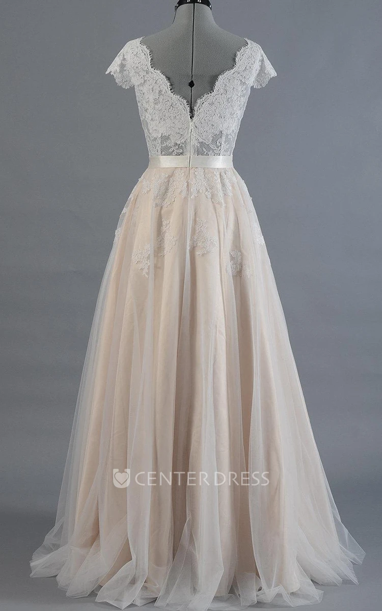 Cap Sleeve V-Neck Lace Elegant Boho Wedding Dress With Tulle Skirt and V-Back