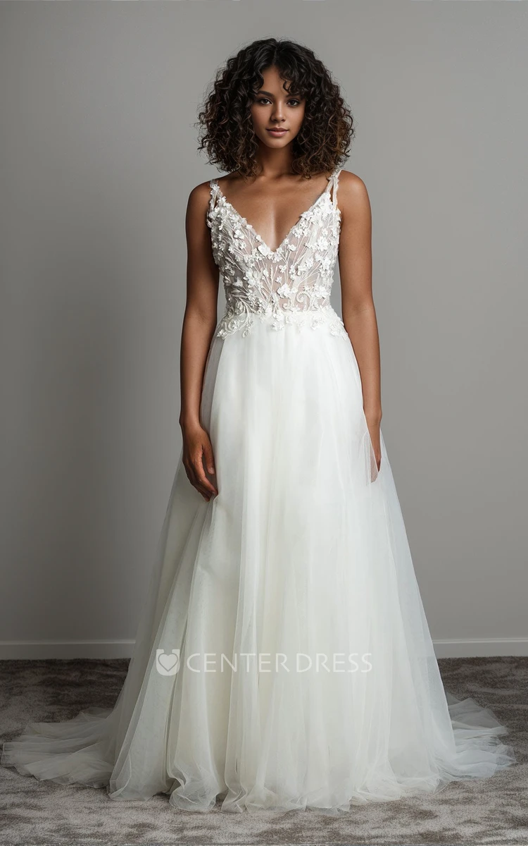 Sexy Romantic Spaghetti Straps A-Line Lace Tulle Appliques Wedding Dress Elegant Ethereal V-Neck Floor-length Backless Court Train Bridal Gown