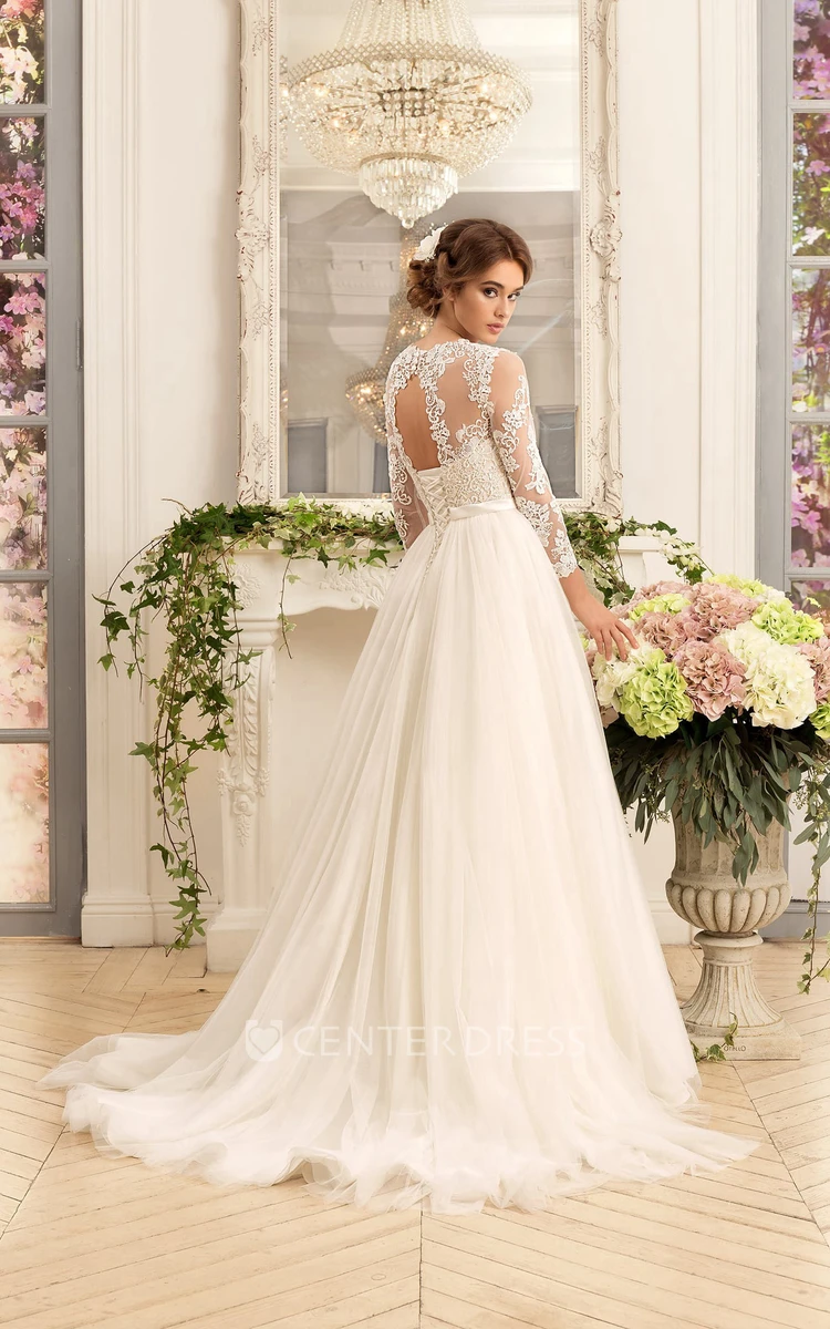 A-Line Floor-Length Jewel Illusion-Sleeve Lace-Up Tulle Dress With Appliques And Pleats