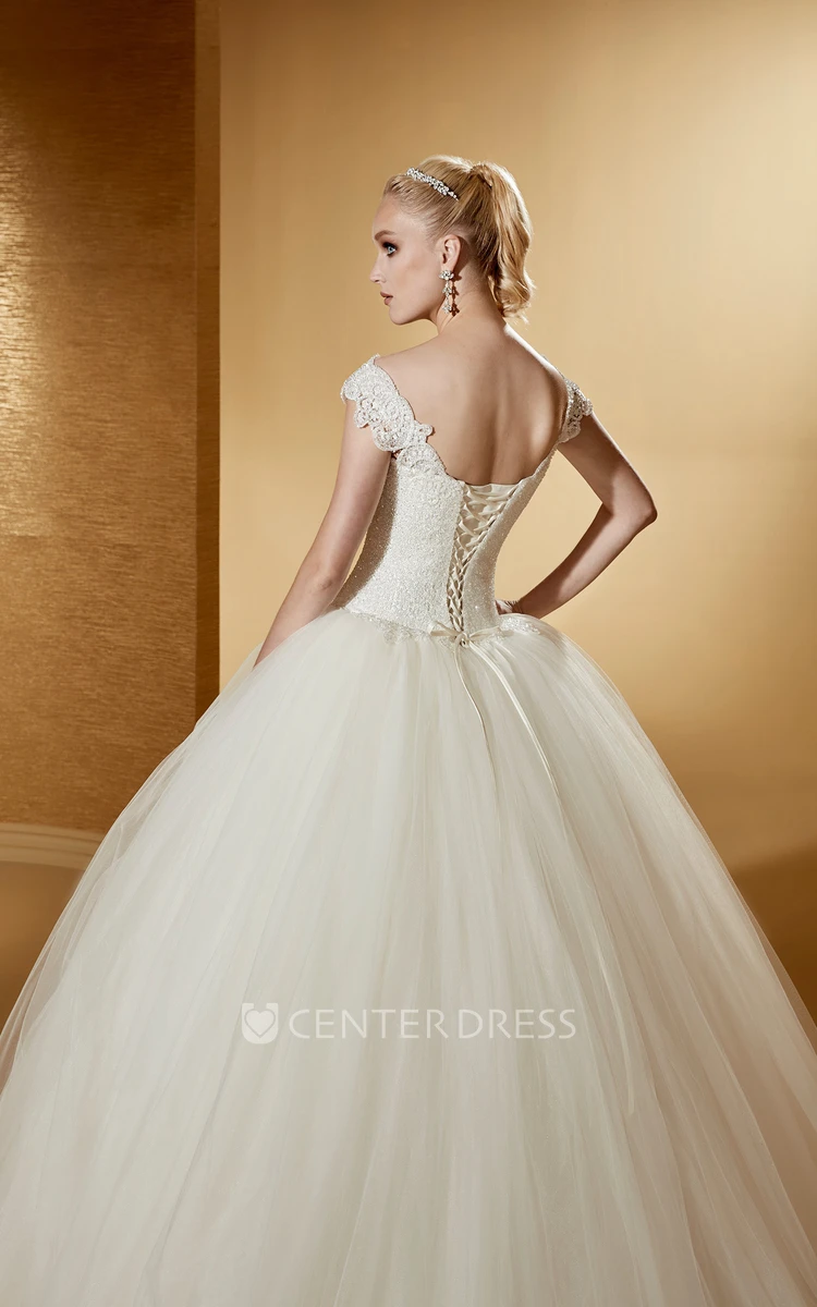 Classic V-Neck Ball Gown With Cap Sleeves And Lace-Up Back