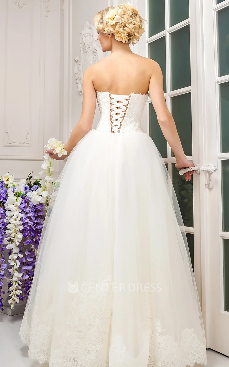 A-Line Ruched Long Strapless Sleeveless Tulle Wedding Dress With Appliques