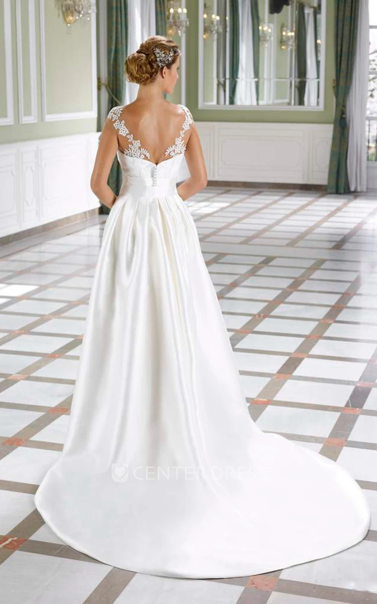 Sheath Sleeveless Bateau Floor-Length Satin&Lace Wedding Dress With Low-V Back