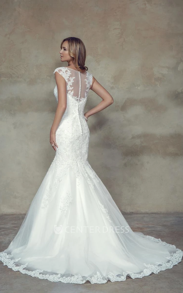 Trumpet Cap-Sleeve Maxi Scoop-Neck Jeweled Lace Wedding Dress With Appliques And Illusion