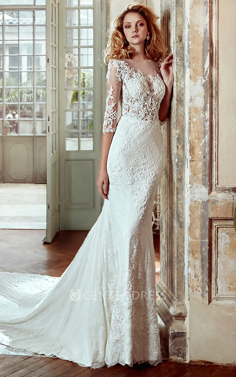 3-4-Sleeve Sheath Lace Wedding Dress With Court Train And Illusive Appliqued Bodice