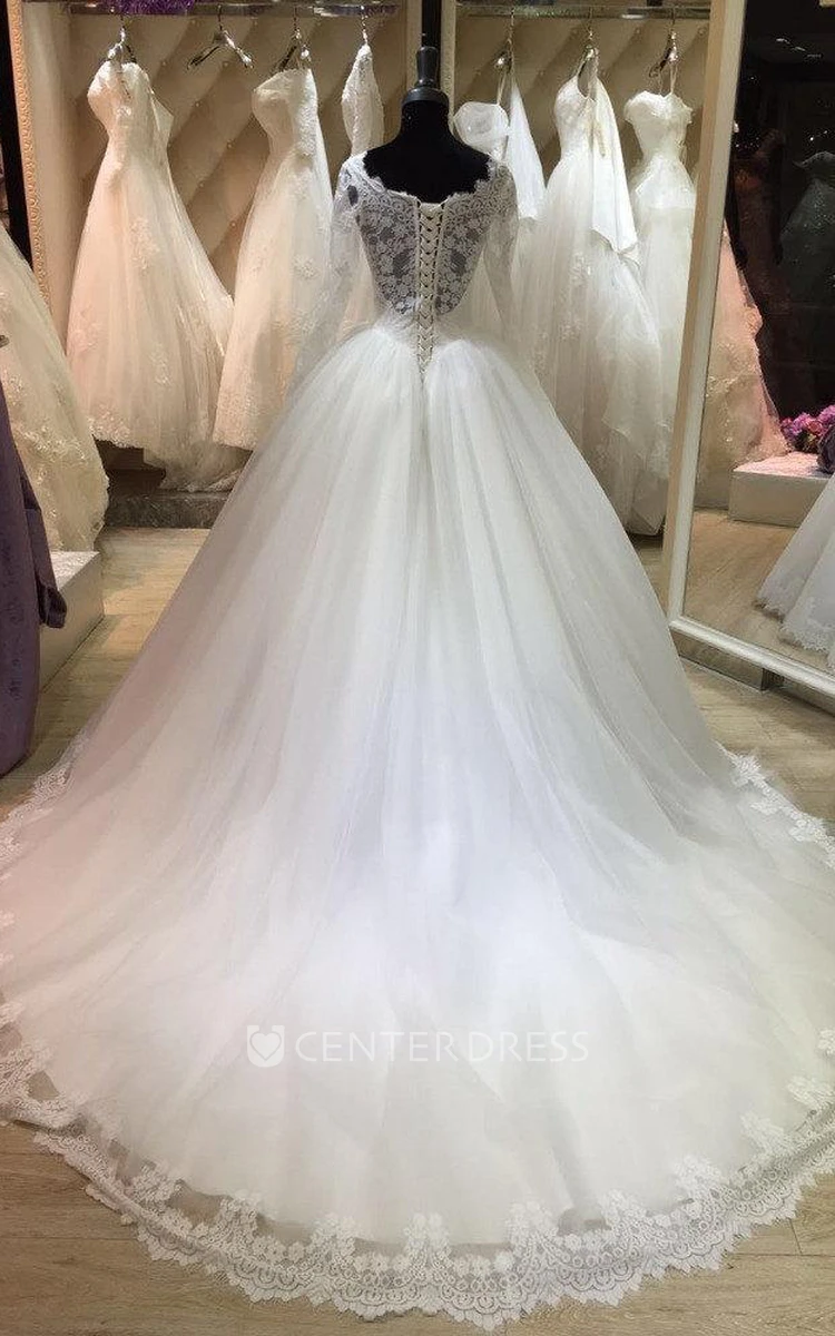 Bateau Neck Long Illusion Sleeve Tulle Ball Gown With Lace Hemline