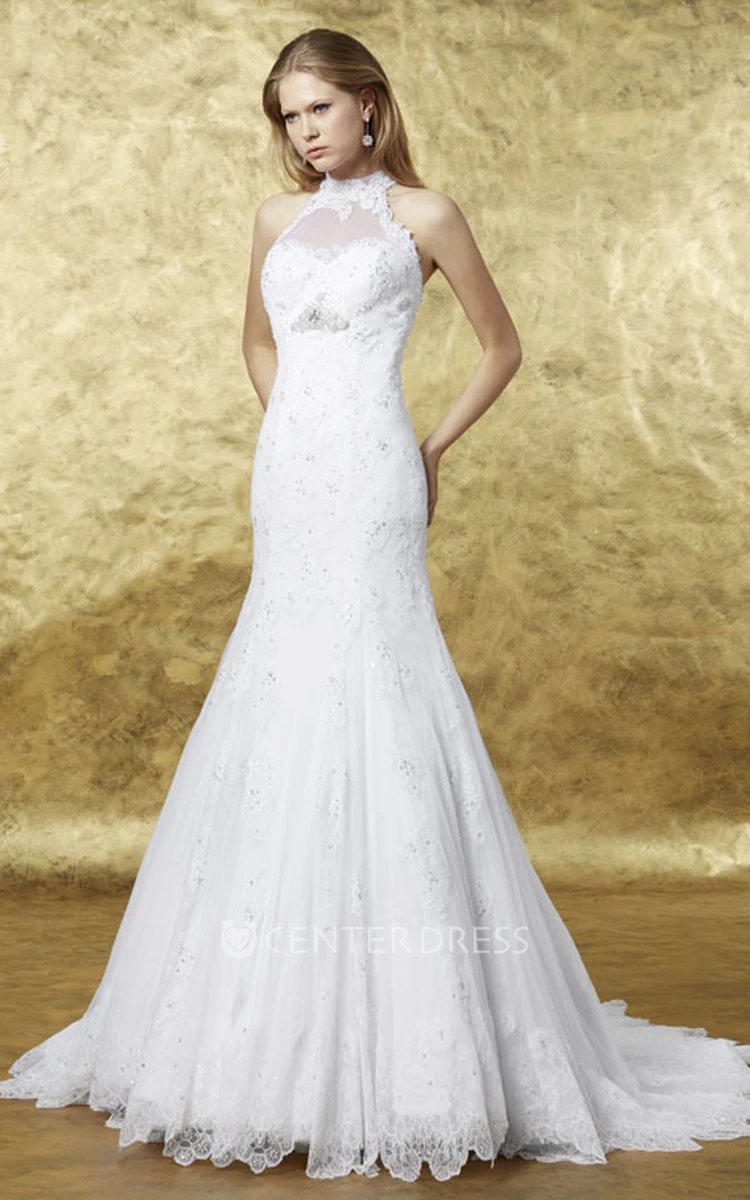 A-Line Appliqued High Neck Floor-Length Sleeveless Lace Wedding Dress With Illusion Back And Broach